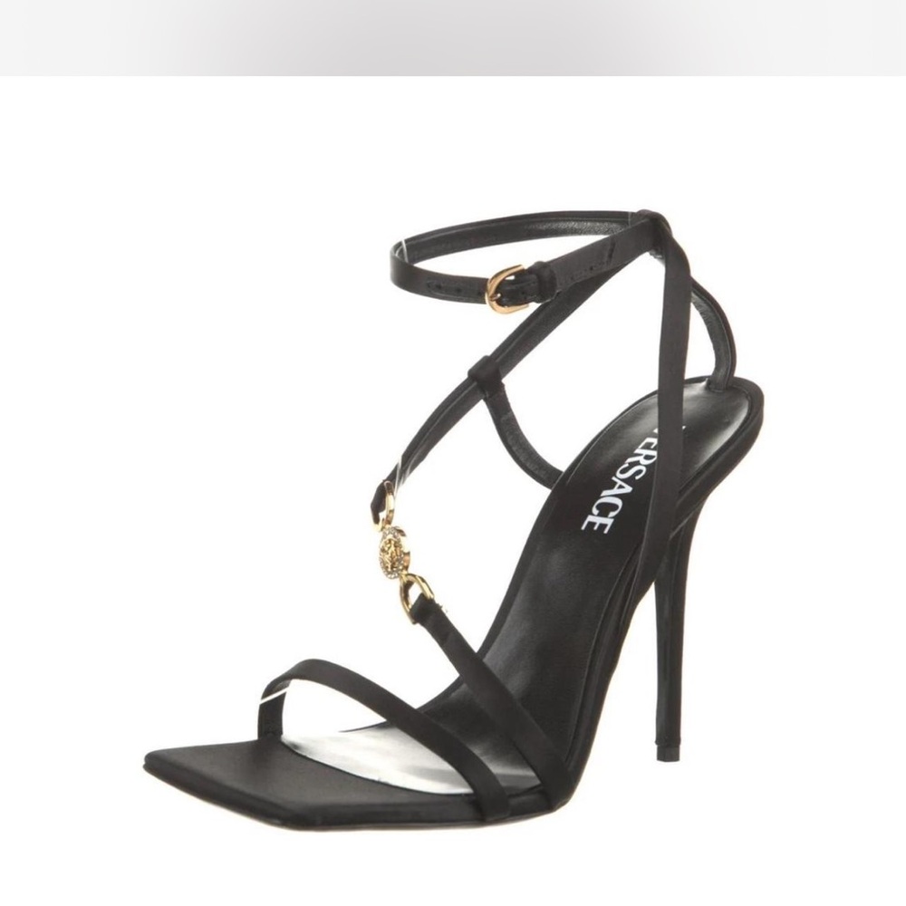 Versace Black Leather Strappy Stiletto Sandals with Gold Medusa Accent